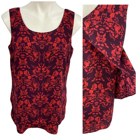 CAbi Top Style #3258 Womens Medium Cameo Print Red Purple Split Back Blouse Work - Picture 1 of 16
